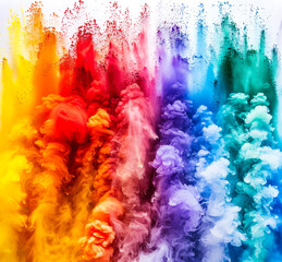 Red, sea-foam, jade and violet rainbow paint color powder explosion isolated white wide panorama background