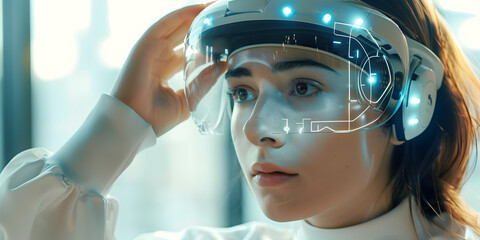 A close-up view of a woman wearing augmented reality glasses, displaying a futuristic interface with data and holographic projections.
