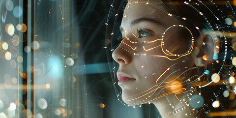  generated Future Interaction Woman with Neural Interface Device Explores Singularity. 
