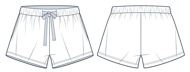 Shorts technical fashion illustration. Short Pants fashion flat technical drawing template, elastic waist, front and back view, white, women, men, unisex Sportswear CAD mockup.