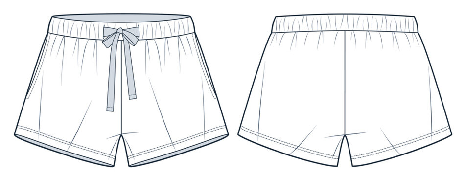 Shorts technical fashion illustration. Short Pants fashion flat technical drawing template, elastic waist, front and back view, white, women, men, unisex Sportswear CAD mockup.
