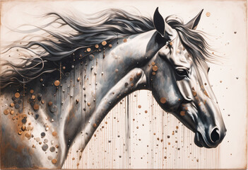 A majestic horse, captured in sepia tones, its mane flowing like ink in water, adorned with scattered golden and bronze coins that cascade down in a surreal, numismatic rain.