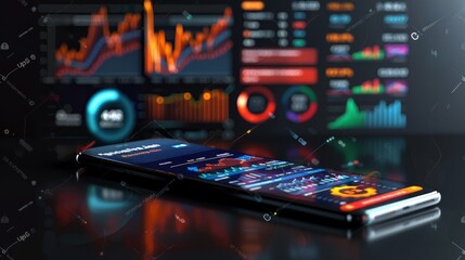 professional trading or financial portfolio management and planning for business performance growth, mobile app and screens chart analysis concept as wide banner design created by ai