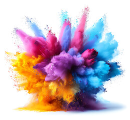 Yellow, magenta, cyan and black color powder explosion isolated white wide panorama background