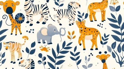 Fototapeta premium Cute cartoon african animals seamless pattern with giraffe, zebra, elephant, tiger, leopard. Perfect for kids room decor, fabric, textile, nursery wallpaper, wrapping paper.