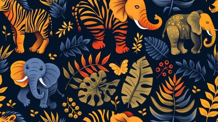 Cute cartoon exotic animals seamless pattern with elephants, zebras, butterflies and tropical leaves. Bright colors.