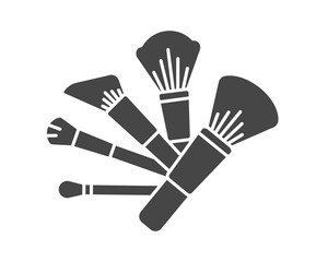 Makeup and cosmetics. Set vector graphic black icons of beauty brushes for face, powder, blush, eyeshadow.