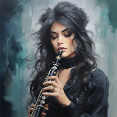 Depict the soulful expression of a clarinet player as they perform a hauntingly beautiful piece