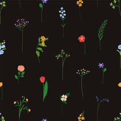 Obraz premium Flowers pattern, seamless print. Delicate floral branches, field plants, stems on endless botanical background. Summer meadow texture design, tiny wildflowers. Flat vector illustration for textile