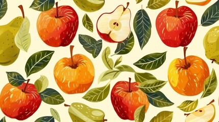 Fresh and juicy apples and pears. Seamless pattern with hand drawn fruits and leaves.