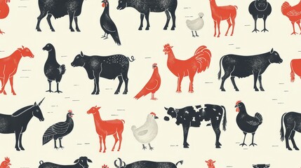 Farm animal pattern. Cow, goat, chicken, duck, goose, turkey, rooster, pig, horse, donkey, mule.