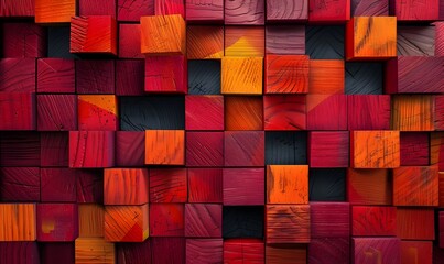 Abstract background with colorful wooden cubes, red and orange color palette, dark background, wall texture, square blocks in the style of different artists. 
