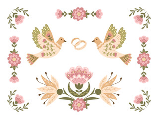 Wedding horizontal banner or template in flat floral folk style with birds and rings in muted colors. Botanical illustration for wedding or engagement invitation isolated on white background
