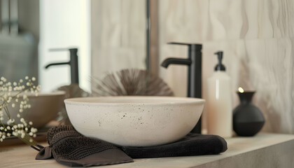 Table with sink bowl, soap dispenser and bath accessories in bathroom