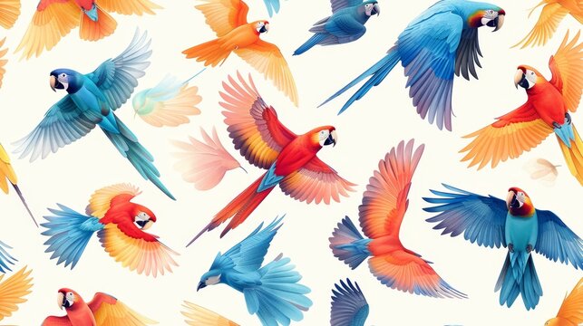 Parrots seamless pattern. Vector illustration of tropical birds. Colorful parrots flying in different directions.