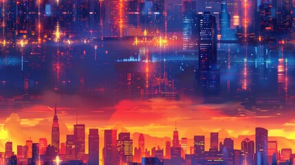 Obraz premium The city of the future. Neon lights, flying cars, and towering skyscrapers. A world where anything is possible.