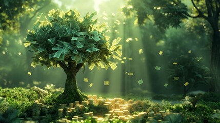 A green money tree stands tall in the forest, surrounded by a natural landscape