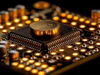 A close up of a computer chip with a gold colored button on top