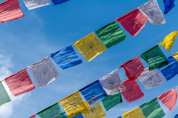 Colorful prayer flags flying at a Buddhist temple in northern India