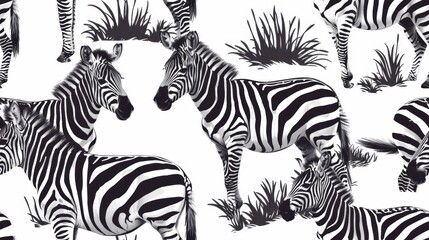 The image is a black and white zebra pattern. The zebras are standing in different poses.