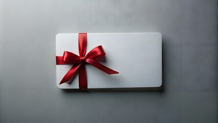 Minimalist White Gift Card with Red Ribbon Bow: Isolated on Grey