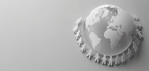 human figurines surrounding a globe, representing international cooperation and unity, light background, copy space