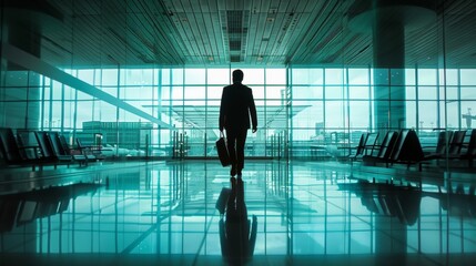 Silhouette of a businessman with a briefcase in a modern airport terminal