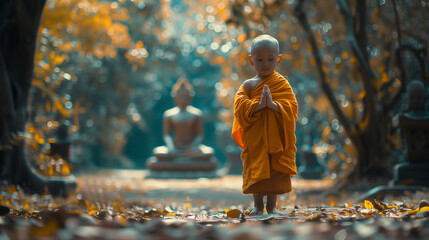Little Buddhist monk standing against the background of a buddha statue, Ai Generated Images - Powered by Adobe