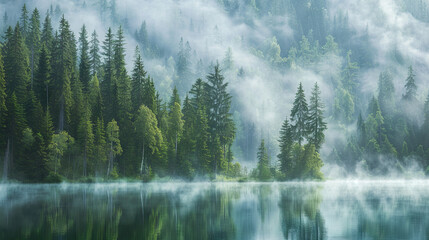 Beautiful morning coniferous forest near the river