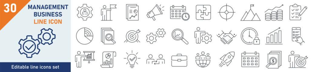 Management icons Pixel perfect. Management business icon set. Set of 30 outline icons related to management business. Linear icon collection. Editable stroke. Vector illustration.