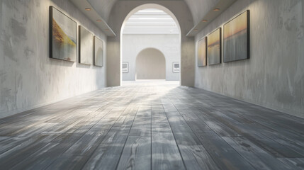 Vector illustration of a large art gallery with a gray floor and soft lighting.
