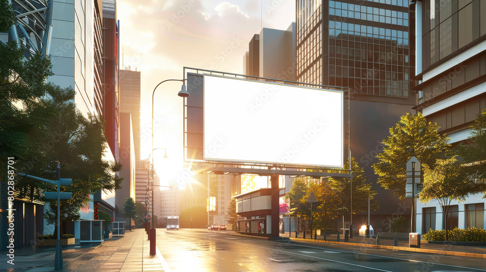 Wall mural a city street lined with buildings, featuring a prominent billboard displaying a mockup advertisemen