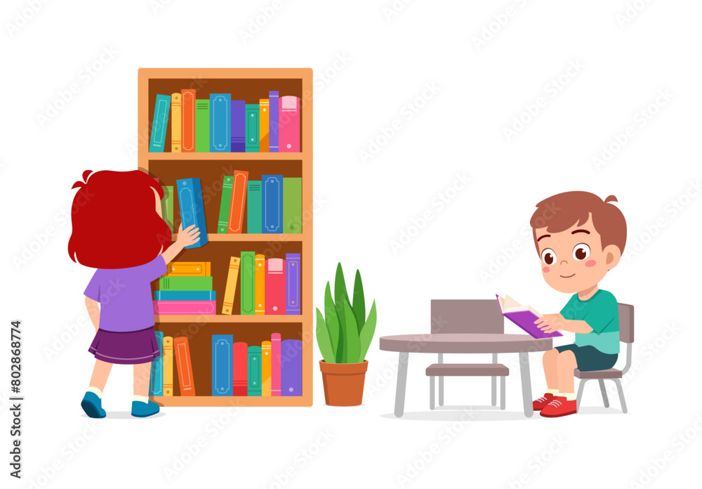 Wall mural little kid read book in the library with friend