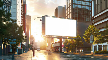 A city street lined with buildings, featuring a prominent billboard displaying a mockup advertisement