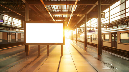 A subway station in a modern city with a passing train. A billboard advertising mockup is visible in the background