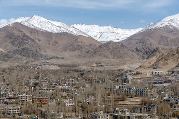 Panorama of Leh in the Ladakh region of northern India with snow-capped Himalaya Mountains