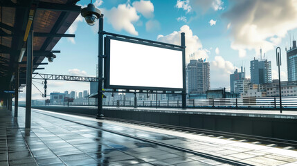 Obraz premium A modern city billboard stands empty along a train track, providing space for advertising mockups