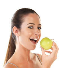 Portrait, woman and apple with eating in studio for health, awareness and wellness for fruit, diet and nutrition. Female person, food and benefits of organic, fiber and detox as snack in skincare