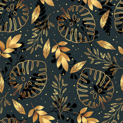 Golden tropical leaves on a green  background. Monstera leaf outlines in seamless pattern. Botanical background.