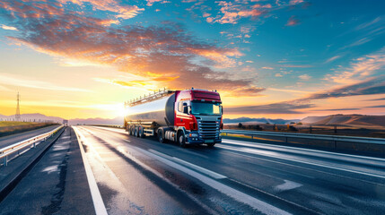 A large oil tanker truck transports industrial petroleum products down a highway during a picturesque sunset
