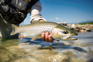 Obraz premium A man immersed in water holds a fresh fish with both hands
