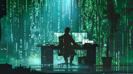 A man, deep in concentration, sits at a desk in front of a computer, the glow of the screen reflected in his eyes