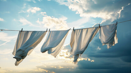 Various types of clothes, such as linen and laundry, are hanging from a clothesline, drying in the sunlight - Powered by Adobe