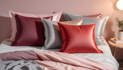 2 Collection set of red maroon grey gray blank cushion pillow cover, front side lying view on transparent cutout, PNG file. Many angle. Mockup template for design