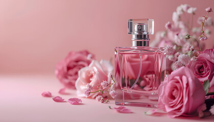 Beautiful composition with bottle of perfume and rose flowers on pink background