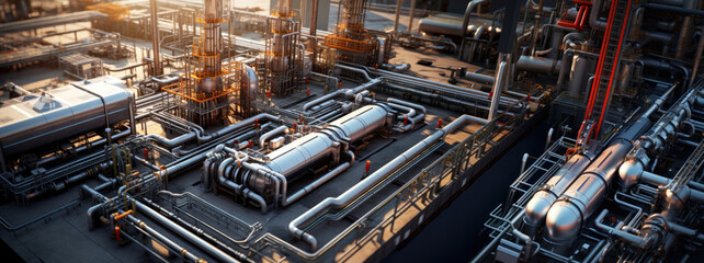 A sprawling factory complex filled with an intricate network of pipes, tanks, and valves, creating a mesmerizing display of industrial efficiency