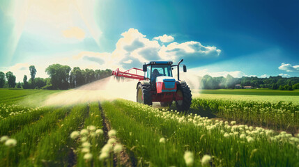 A tractor gracefully moves through a lush field, expertly spraying pesticides with a sprayer attached behind it