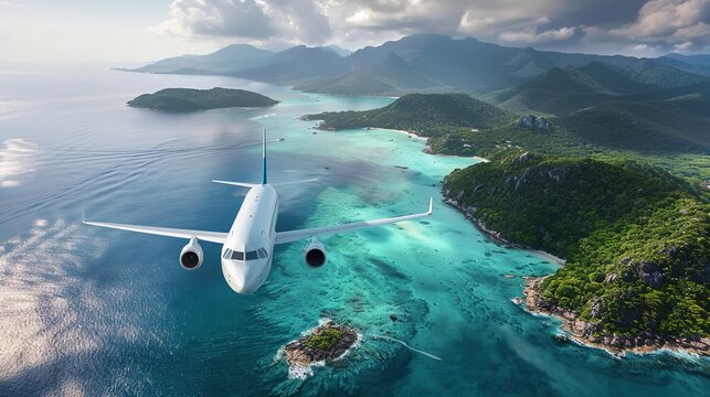 Airplane is flying over islands and tropical coastline. Landscape with white passenger aircraft