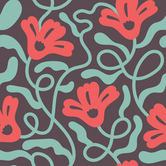 Flowers with curvy leaf vintage seamless pattern. Trendy retro aesthetic. Floral botanical background. Repeat vector illustration. Contemporary summer design