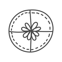 Gift box outline with tied bow doodle vector illustration. Birthday or Christmas present round shape. Hand drawn holiday and celebration line symbol. Isolated on white background.